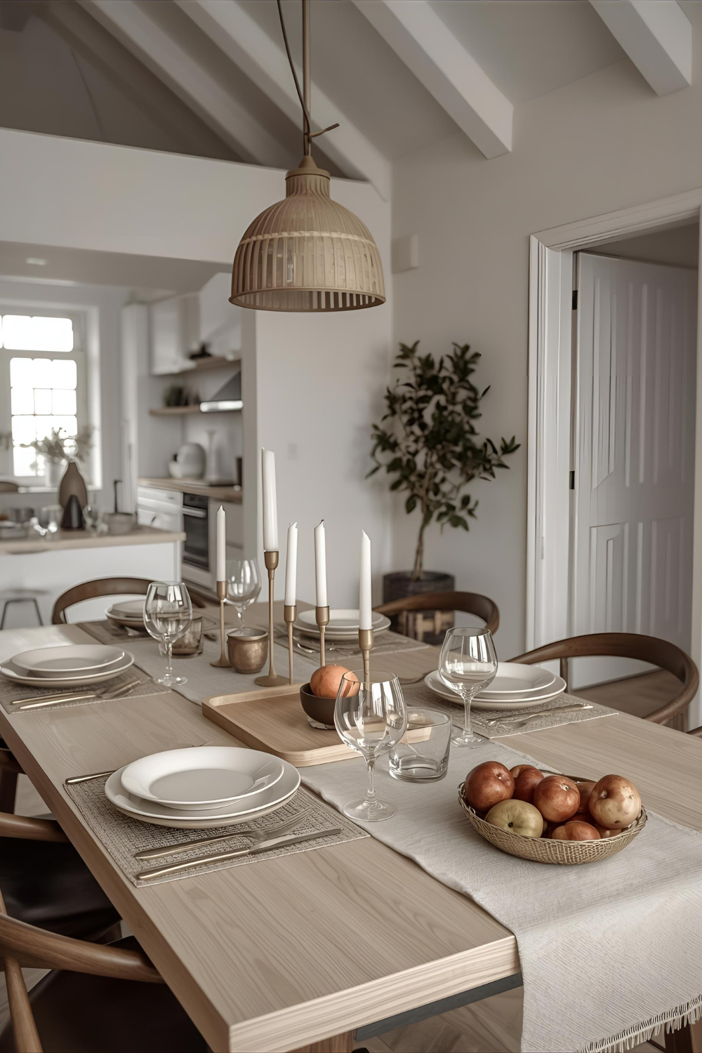 Modern farmhouse dining room with a neutral palette, 
      featuring a wooden table set with white plates, wine glasses, tall candles, and a woven fruit basket, under a rattan pendant light.